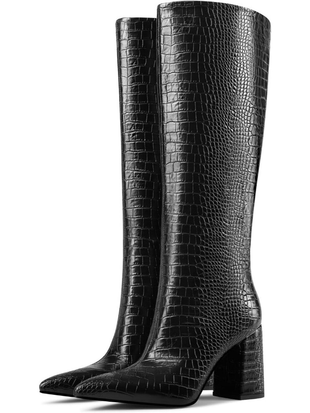 Women's Black Knee High Boots Chunky Block Heel Pointed Toe Dress Tall Boots